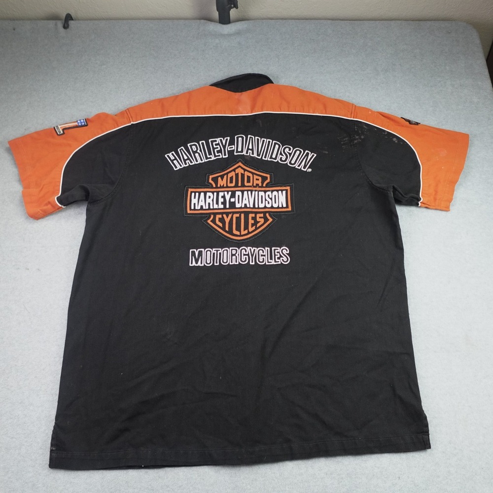 Harley Davidson Shirt Mens XL Black Orange Biker Garage Button Up